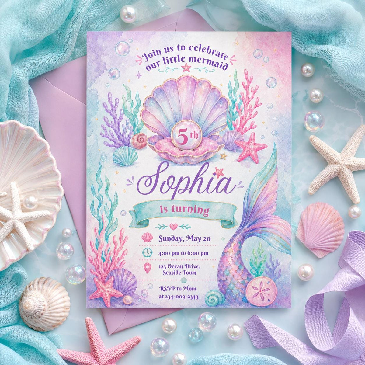 Editable Mermaid Birthday Invitation Canva Template, Pink Purple Girls Kids Cute Fun DIY Chic Teen Party Invite, Printable Digital Download.
