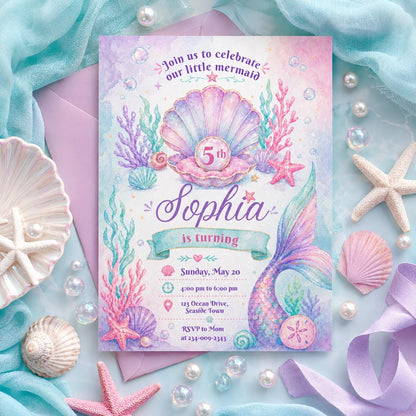 Editable Mermaid Birthday Invitation Canva Template, Pink Purple Girls Kids Cute Fun DIY Chic Teen Party Invite, Printable Digital Download.