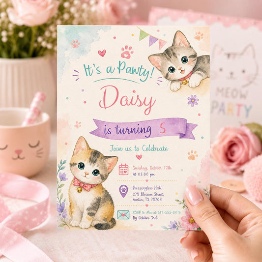 Editable Cute Kitty Birthday Invitation Canva Template, Kitty Cute Modern Fun Themed DIY Chic Kids Party Invite, Printable Digital Download.