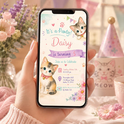 Editable Cute Kitty Birthday Invitation Canva Template, Kitty Cute Modern Fun Themed DIY Chic Kids Party Invite, Printable Digital Download.