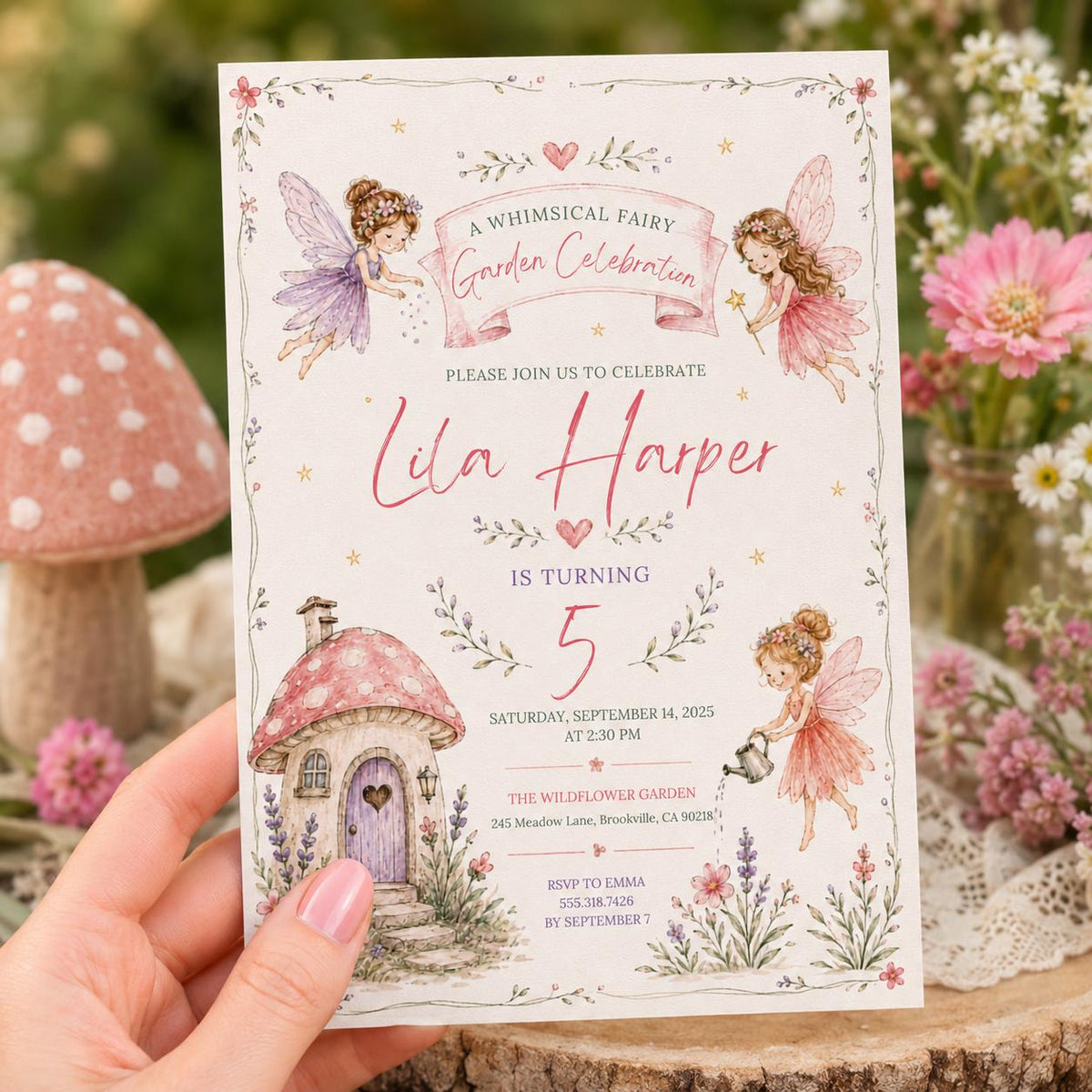 Editable Fairy Garden Birthday Invitation Canva Template, Boho Floral Girls Kids Cute Fun DIY Chic Party Invite, Printable Digital Download.