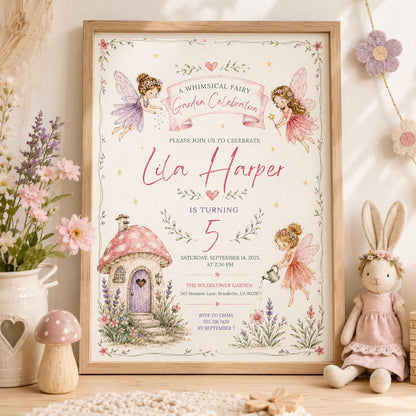 Editable Fairy Garden Birthday Invitation Canva Template, Boho Floral Girls Kids Cute Fun DIY Chic Party Invite, Printable Digital Download.
