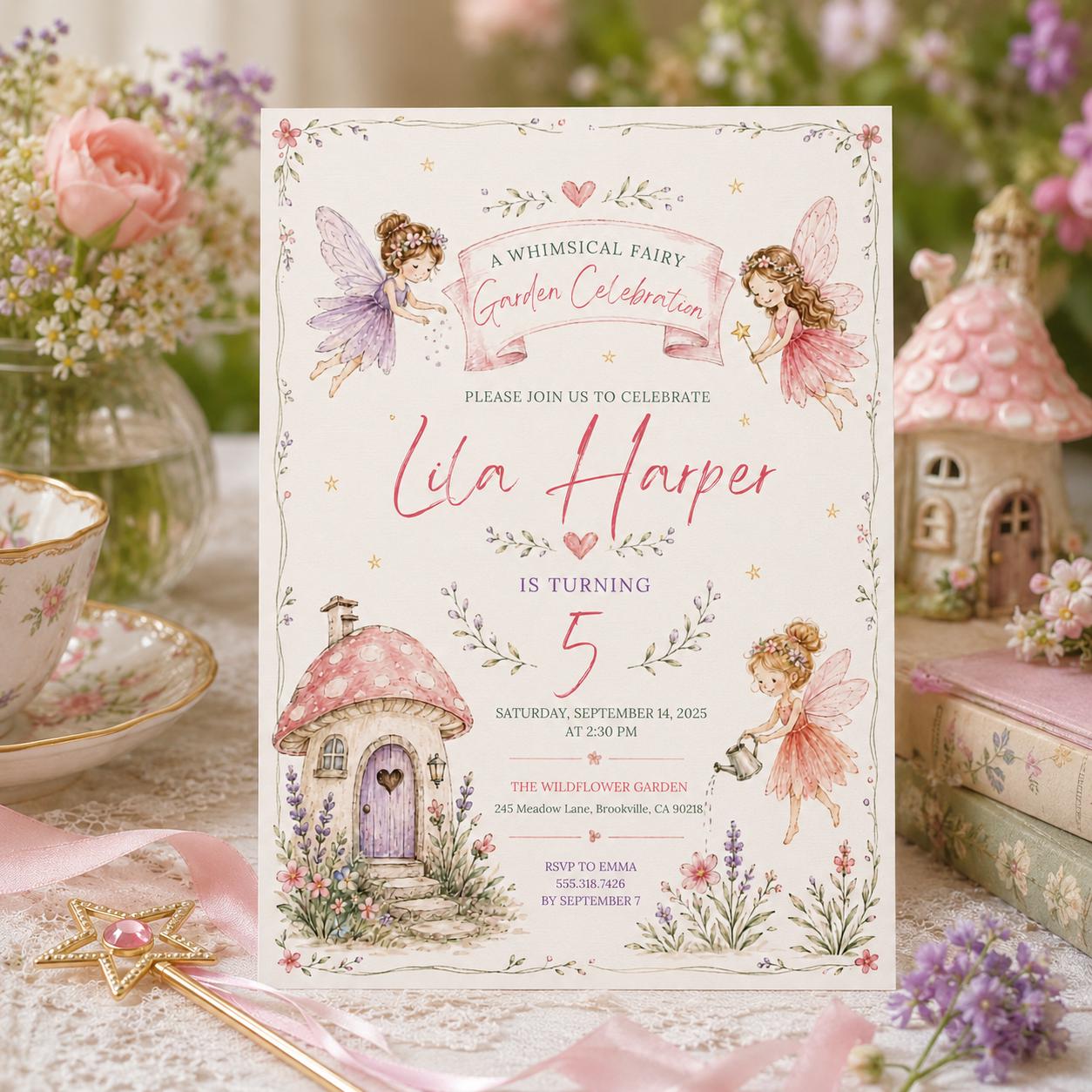Editable Fairy Garden Birthday Invitation Canva Template, Boho Floral Girls Kids Cute Fun DIY Chic Party Invite, Printable Digital Download.