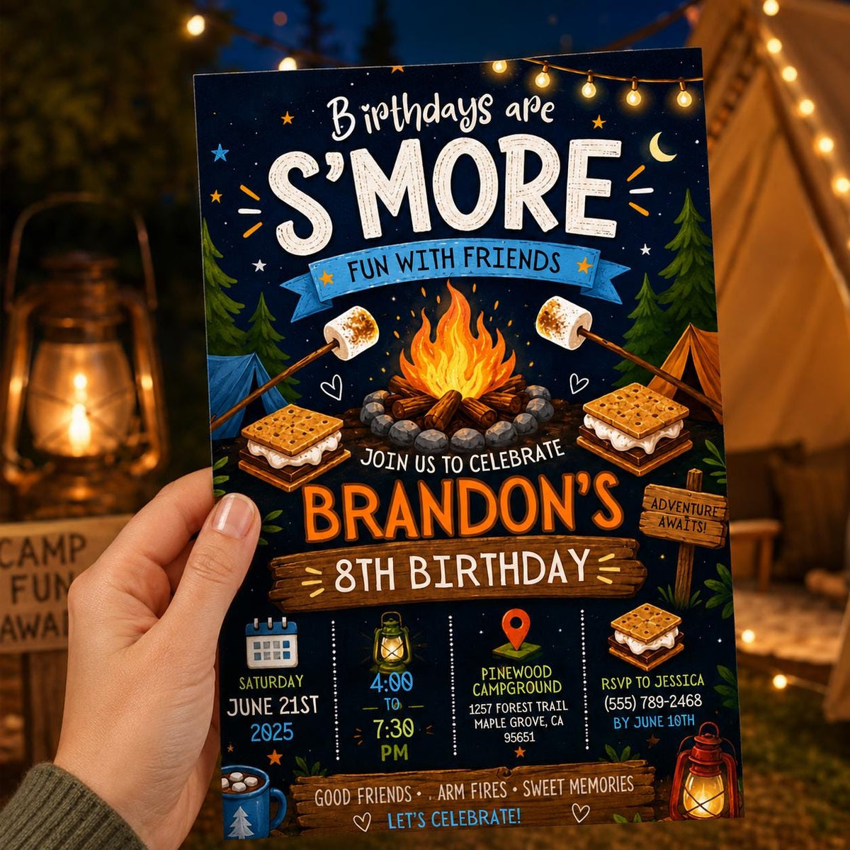 Editable Camping Birthday Invitation Canva Template, Kids Cute Fun DIY Sweet Chic Teen Tween Adult Party Invite, Printable Digital Download.