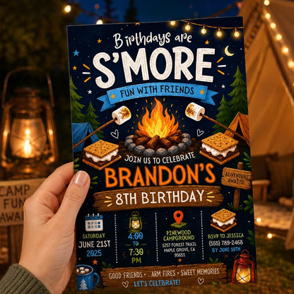 Editable Camping Birthday Invitation Canva Template, Kids Cute Fun DIY Sweet Chic Teen Tween Adult Party Invite, Printable Digital Download.
