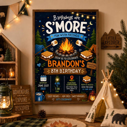Editable Camping Birthday Invitation Canva Template, Kids Cute Fun DIY Sweet Chic Teen Tween Adult Party Invite, Printable Digital Download.