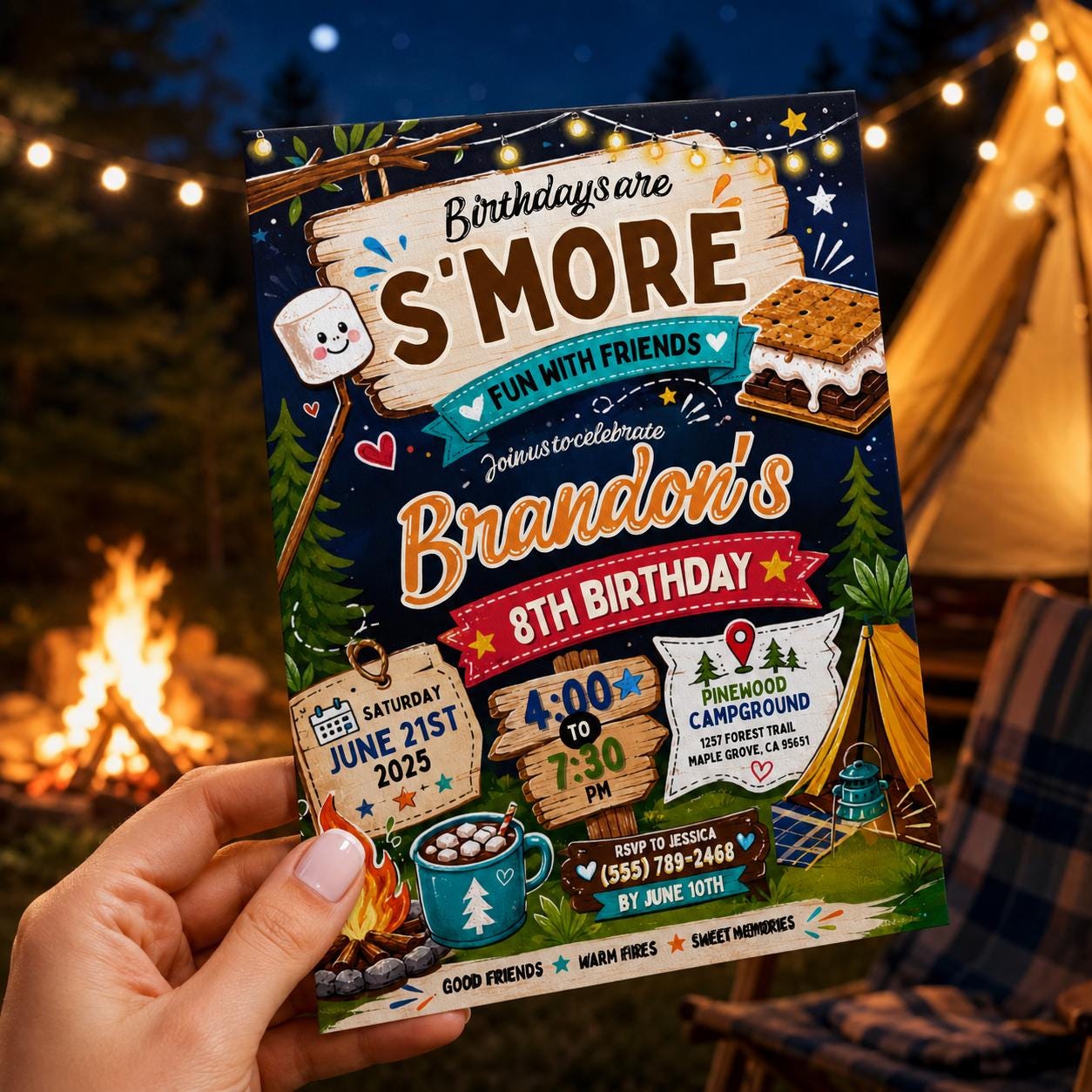Editable Camping Birthday Invitation Canva Template, Kids Cute Fun DIY Sweet Chic Teen Tween Adult Party Invite, Printable Digital Download.
