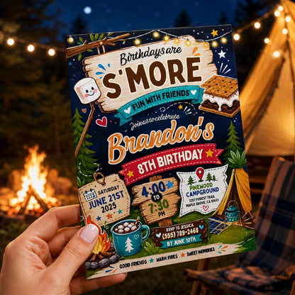 Editable Camping Birthday Invitation Canva Template, Kids Cute Fun DIY Sweet Chic Teen Tween Adult Party Invite, Printable Digital Download.