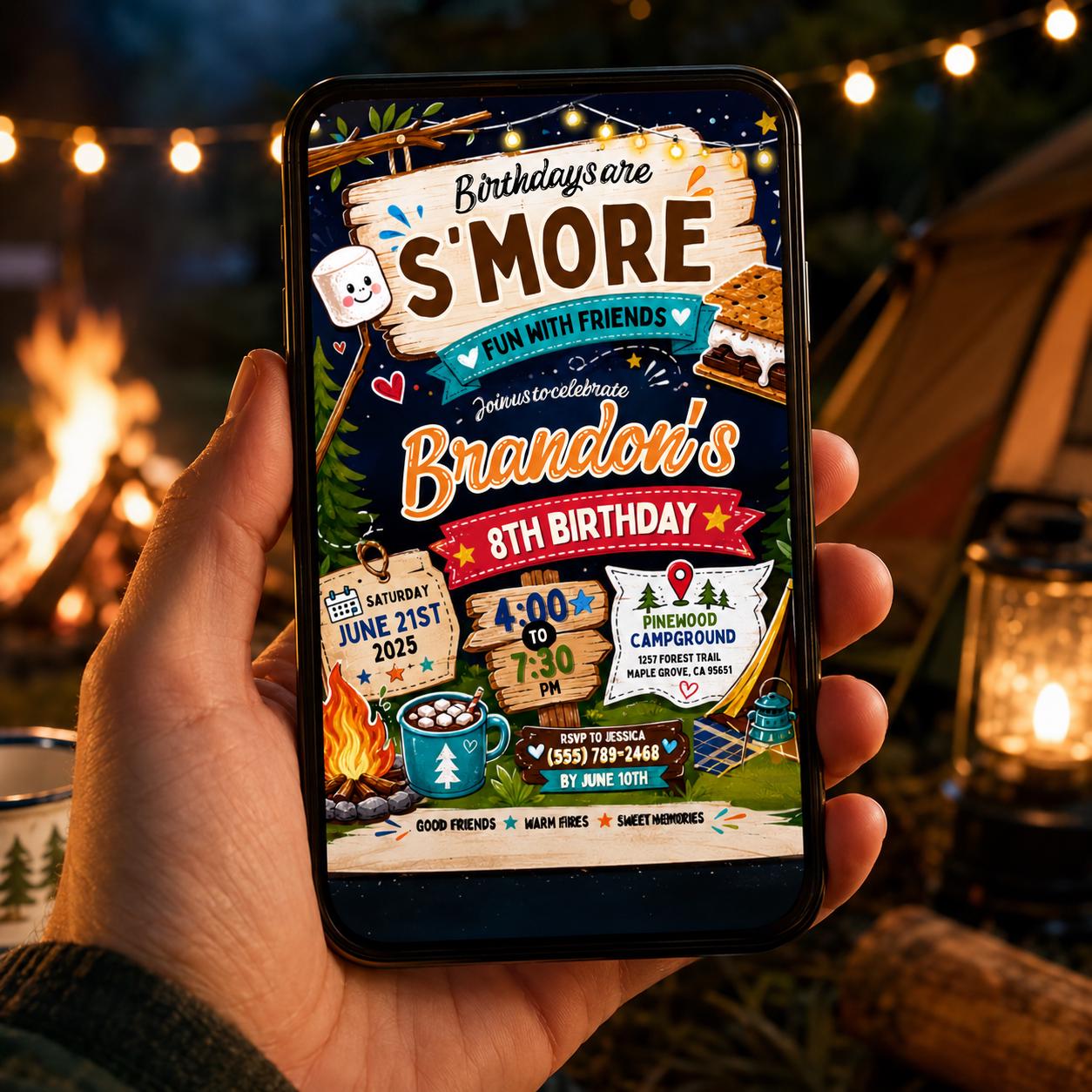 Editable Camping Birthday Invitation Canva Template, Kids Cute Fun DIY Sweet Chic Teen Tween Adult Party Invite, Printable Digital Download.