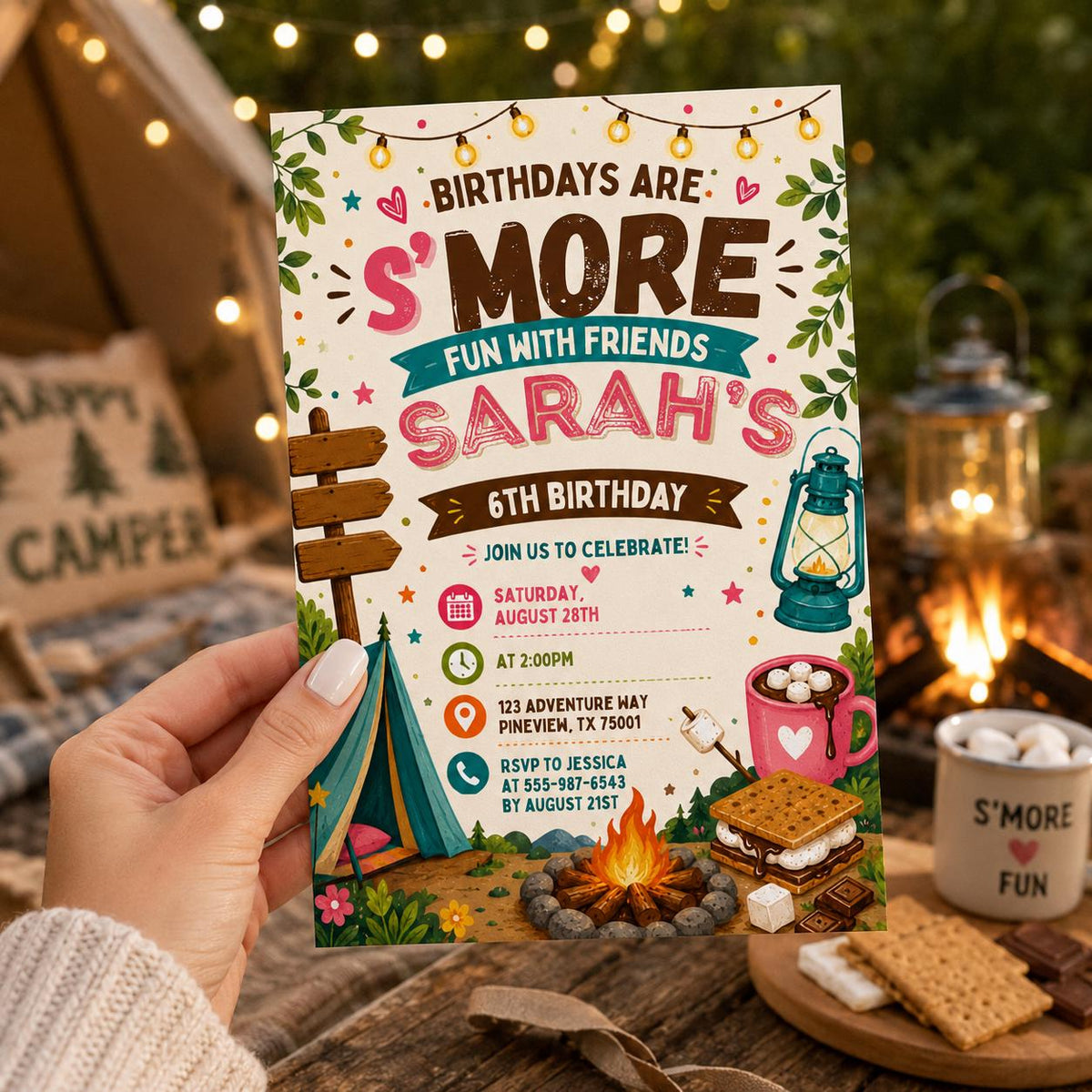 Editable Camping Birthday Invitation Canva Template, Kids Cute Fun DIY Sweet Chic Teen Tween Adult Party Invite, Printable Digital Download.
