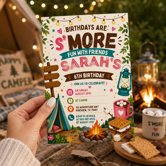 Editable Camping Birthday Invitation Canva Template, Kids Cute Fun DIY Sweet Chic Teen Tween Adult Party Invite, Printable Digital Download.