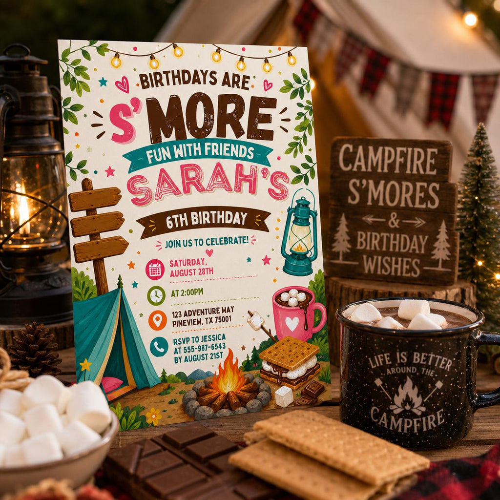 Editable Camping Birthday Invitation Canva Template, Kids Cute Fun DIY Sweet Chic Teen Tween Adult Party Invite, Printable Digital Download.