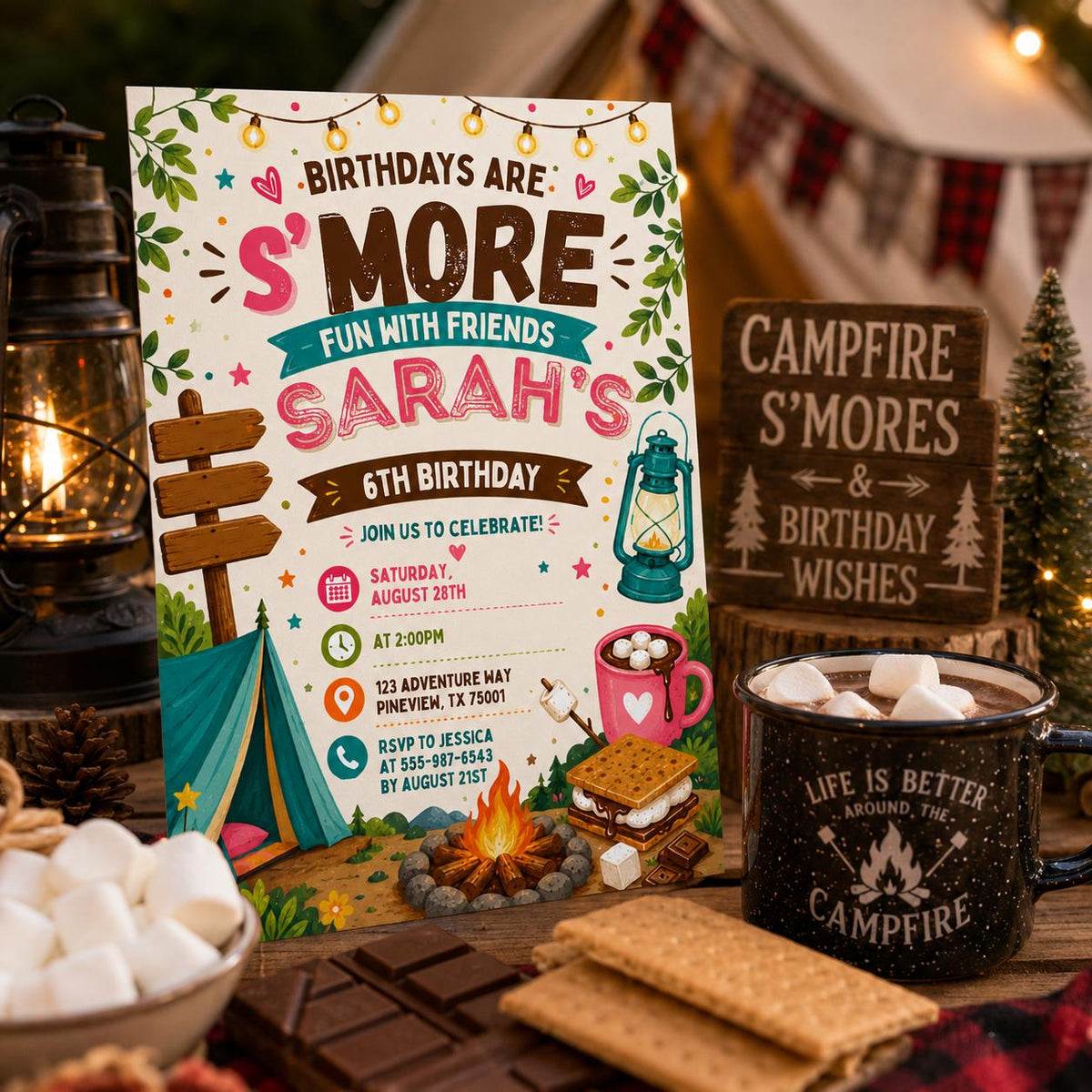 Editable Camping Birthday Invitation Canva Template, Kids Cute Fun DIY Sweet Chic Teen Tween Adult Party Invite, Printable Digital Download.