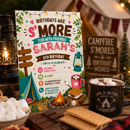 Editable Camping Birthday Invitation Canva Template, Kids Cute Fun DIY Sweet Chic Teen Tween Adult Party Invite, Printable Digital Download.