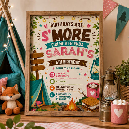 Editable Camping Birthday Invitation Canva Template, Kids Cute Fun DIY Sweet Chic Teen Tween Adult Party Invite, Printable Digital Download.