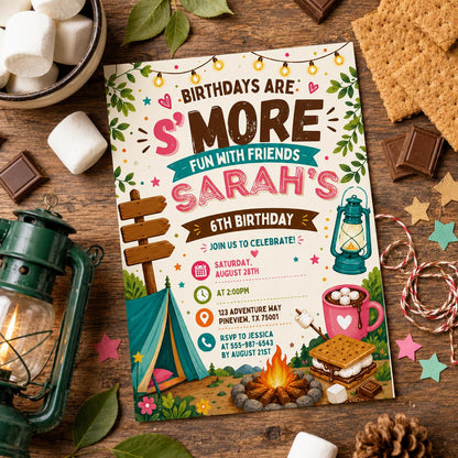Editable Camping Birthday Invitation Canva Template, Kids Cute Fun DIY Sweet Chic Teen Tween Adult Party Invite, Printable Digital Download.