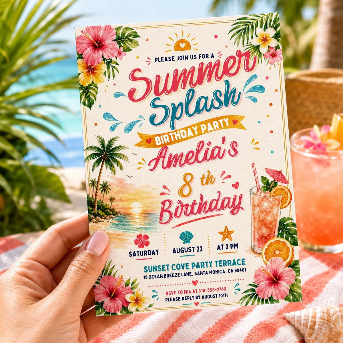 Editable Coastal Birthday Invitation Canva Template, Blue Girls Teens Beach Cute Fun DIY Chic Kids Party Invite, Printable Digital Download.
