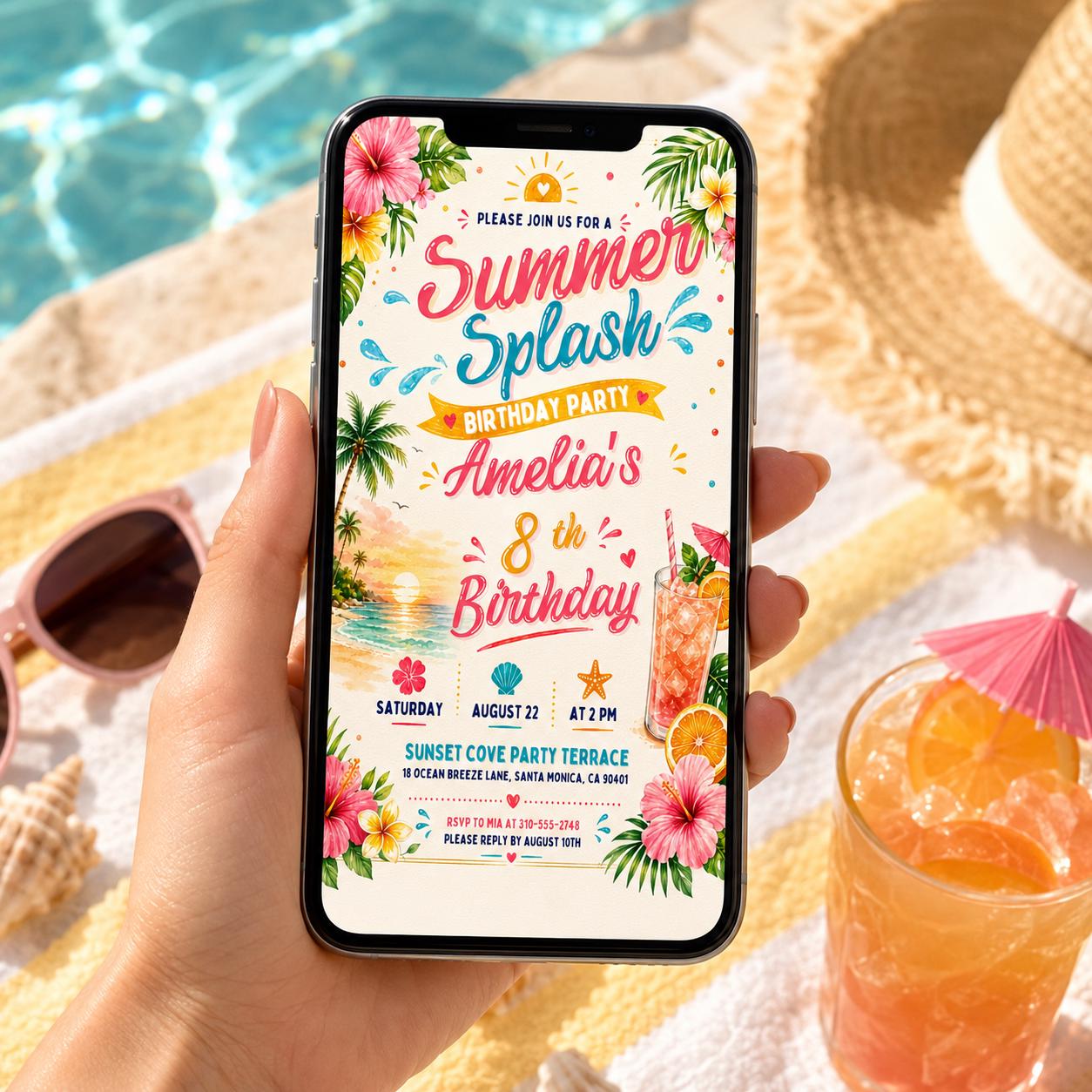 Editable Coastal Birthday Invitation Canva Template, Blue Girls Teens Beach Cute Fun DIY Chic Kids Party Invite, Printable Digital Download.