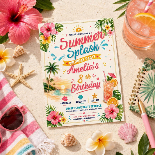 Editable Coastal Birthday Invitation Canva Template, Blue Girls Teens Beach Cute Fun DIY Chic Kids Party Invite, Printable Digital Download.