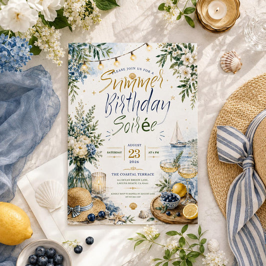 Editable Coastal Birthday Invitation Canva Template, Blue Girls Teens Beach Cute Fun DIY Chic Kids Party Invite, Printable Digital Download.