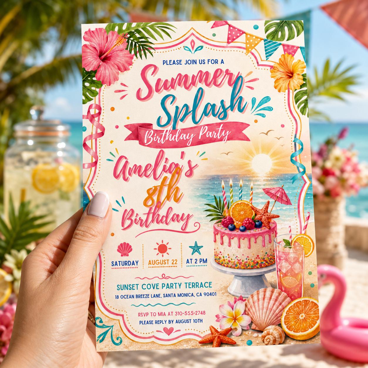 Editable Coastal Birthday Invitation Canva Template, Blue Girls Teens Beach Cute Fun DIY Chic Kids Party Invite, Printable Digital Download.