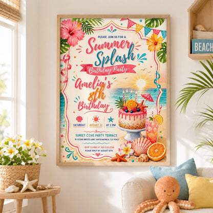 Editable Coastal Birthday Invitation Canva Template, Blue Girls Teens Beach Cute Fun DIY Chic Kids Party Invite, Printable Digital Download.