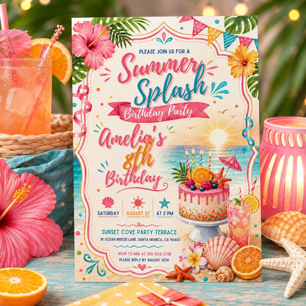 Editable Coastal Birthday Invitation Canva Template, Blue Girls Teens Beach Cute Fun DIY Chic Kids Party Invite, Printable Digital Download.