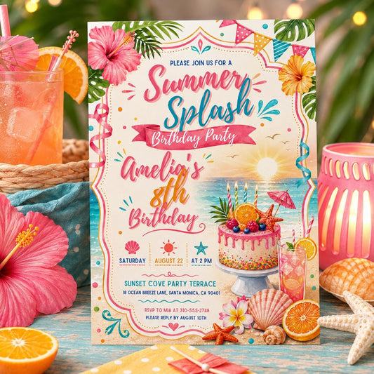 Editable Coastal Birthday Invitation Canva Template, Blue Girls Teens Beach Cute Fun DIY Chic Kids Party Invite, Printable Digital Download.