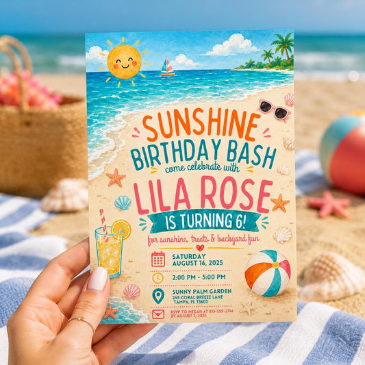 Editable Coastal Birthday Invitation Canva Template, Blue Girls Teens Beach Cute Fun DIY Chic Kids Party Invite, Printable Digital Download.