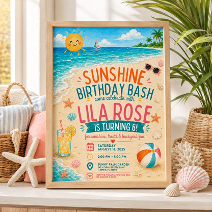 Editable Coastal Birthday Invitation Canva Template, Blue Girls Teens Beach Cute Fun DIY Chic Kids Party Invite, Printable Digital Download.
