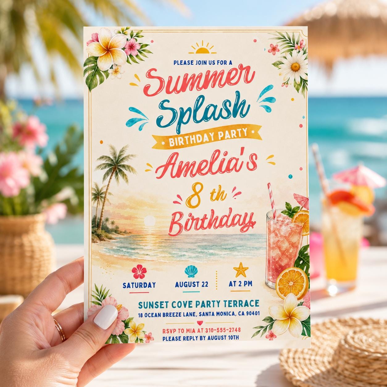 Editable Coastal Birthday Invitation Canva Template, Blue Girls Teens Beach Cute Fun DIY Chic Kids Party Invite, Printable Digital Download.