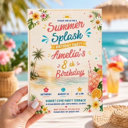 Editable Coastal Birthday Invitation Canva Template, Blue Girls Teens Beach Cute Fun DIY Chic Kids Party Invite, Printable Digital Download.