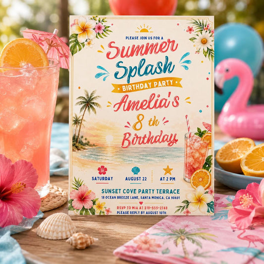 Editable Coastal Birthday Invitation Canva Template, Blue Girls Teens Beach Cute Fun DIY Chic Kids Party Invite, Printable Digital Download.