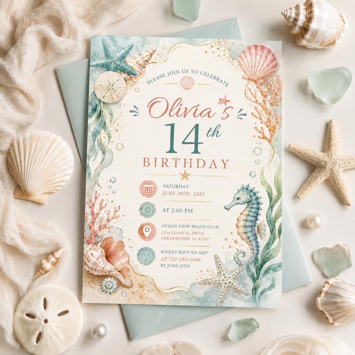 Editable Coastal Birthday Invitation Canva Template, Blue Girls Teens Beach Cute Fun DIY Chic Kids Party Invite, Printable Digital Download.