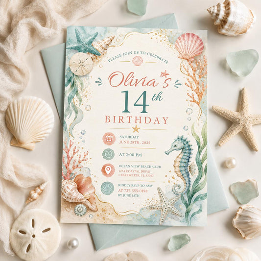 Editable Coastal Birthday Invitation Canva Template, Blue Girls Teens Beach Cute Fun DIY Chic Kids Party Invite, Printable Digital Download.
