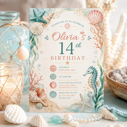 Editable Coastal Birthday Invitation Canva Template, Blue Girls Teens Beach Cute Fun DIY Chic Kids Party Invite, Printable Digital Download.