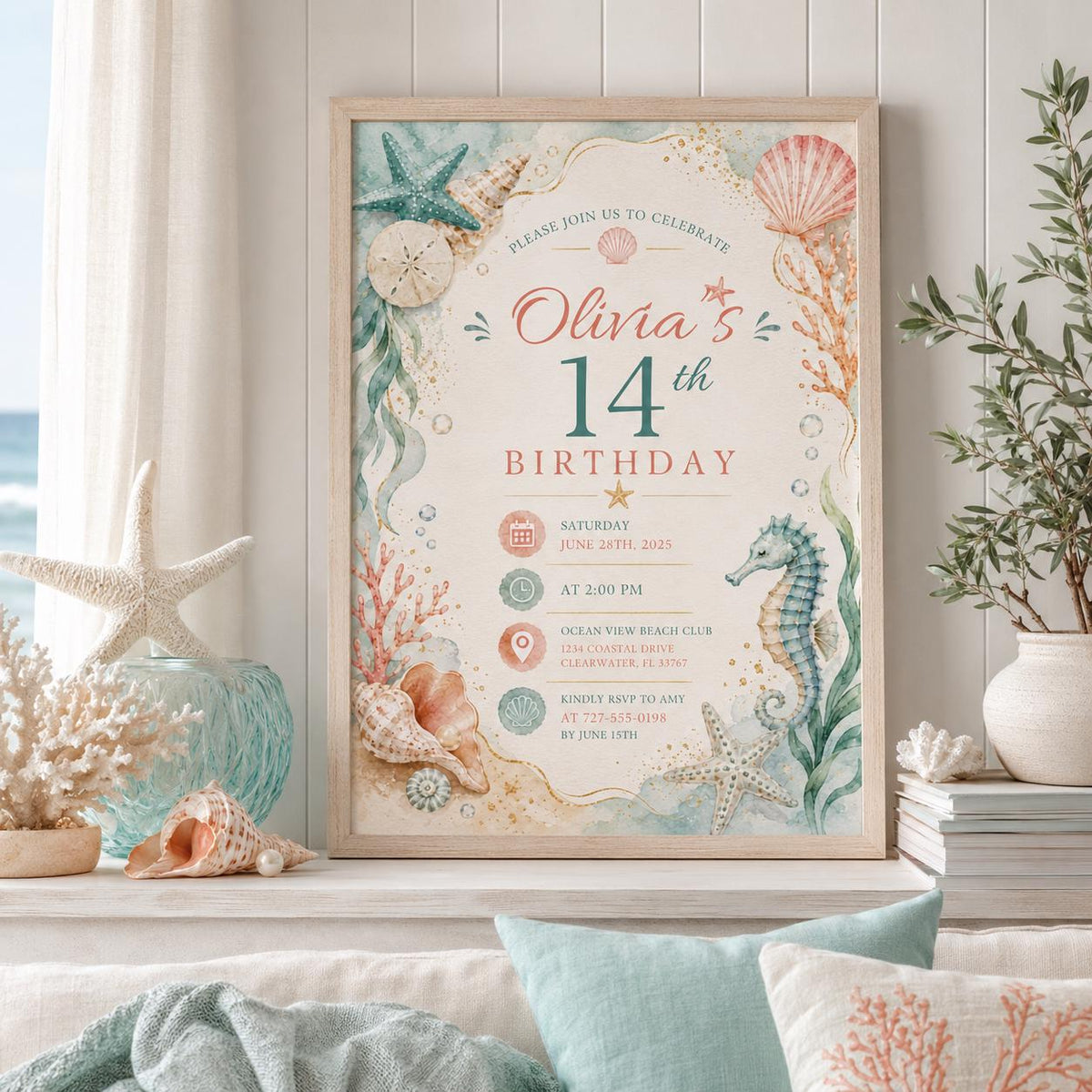 Editable Coastal Birthday Invitation Canva Template, Blue Girls Teens Beach Cute Fun DIY Chic Kids Party Invite, Printable Digital Download.