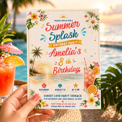 Editable Coastal Birthday Invitation Canva Template, Blue Girls Teens Beach Cute Fun DIY Chic Kids Party Invite, Printable Digital Download.