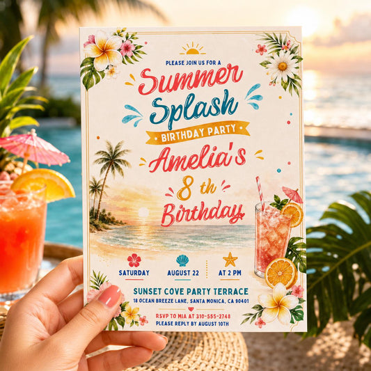 Editable Coastal Birthday Invitation Canva Template, Blue Girls Teens Beach Cute Fun DIY Chic Kids Party Invite, Printable Digital Download.