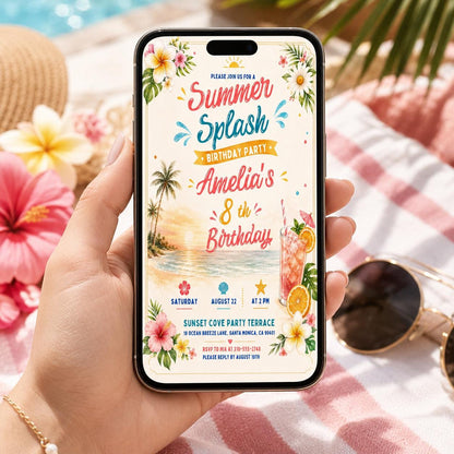 Editable Coastal Birthday Invitation Canva Template, Blue Girls Teens Beach Cute Fun DIY Chic Kids Party Invite, Printable Digital Download.