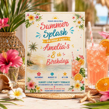 Editable Coastal Birthday Invitation Canva Template, Blue Girls Teens Beach Cute Fun DIY Chic Kids Party Invite, Printable Digital Download.