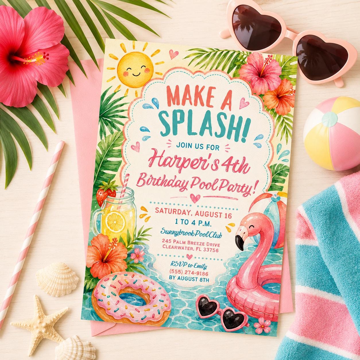 Editable Coastal Birthday Invitation Canva Template, Blue Girls Teens Beach Cute Fun DIY Chic Kids Party Invite, Printable Digital Download.