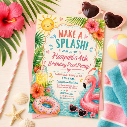 Editable Coastal Birthday Invitation Canva Template, Blue Girls Teens Beach Cute Fun DIY Chic Kids Party Invite, Printable Digital Download.