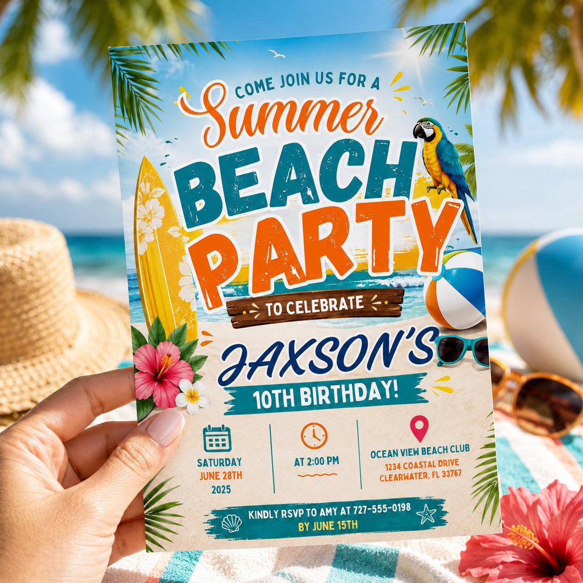 Editable Coastal Birthday Invitation Canva Template, Blue Girls Teens Beach Cute Fun DIY Chic Kids Party Invite, Printable Digital Download.