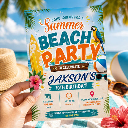 Editable Coastal Birthday Invitation Canva Template, Blue Girls Teens Beach Cute Fun DIY Chic Kids Party Invite, Printable Digital Download.