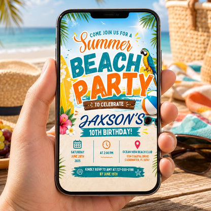 Editable Coastal Birthday Invitation Canva Template, Blue Girls Teens Beach Cute Fun DIY Chic Kids Party Invite, Printable Digital Download.