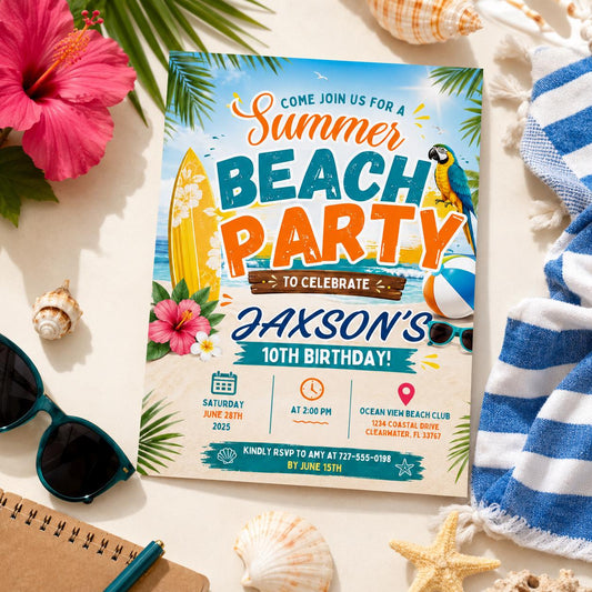Editable Coastal Birthday Invitation Canva Template, Blue Girls Teens Beach Cute Fun DIY Chic Kids Party Invite, Printable Digital Download.