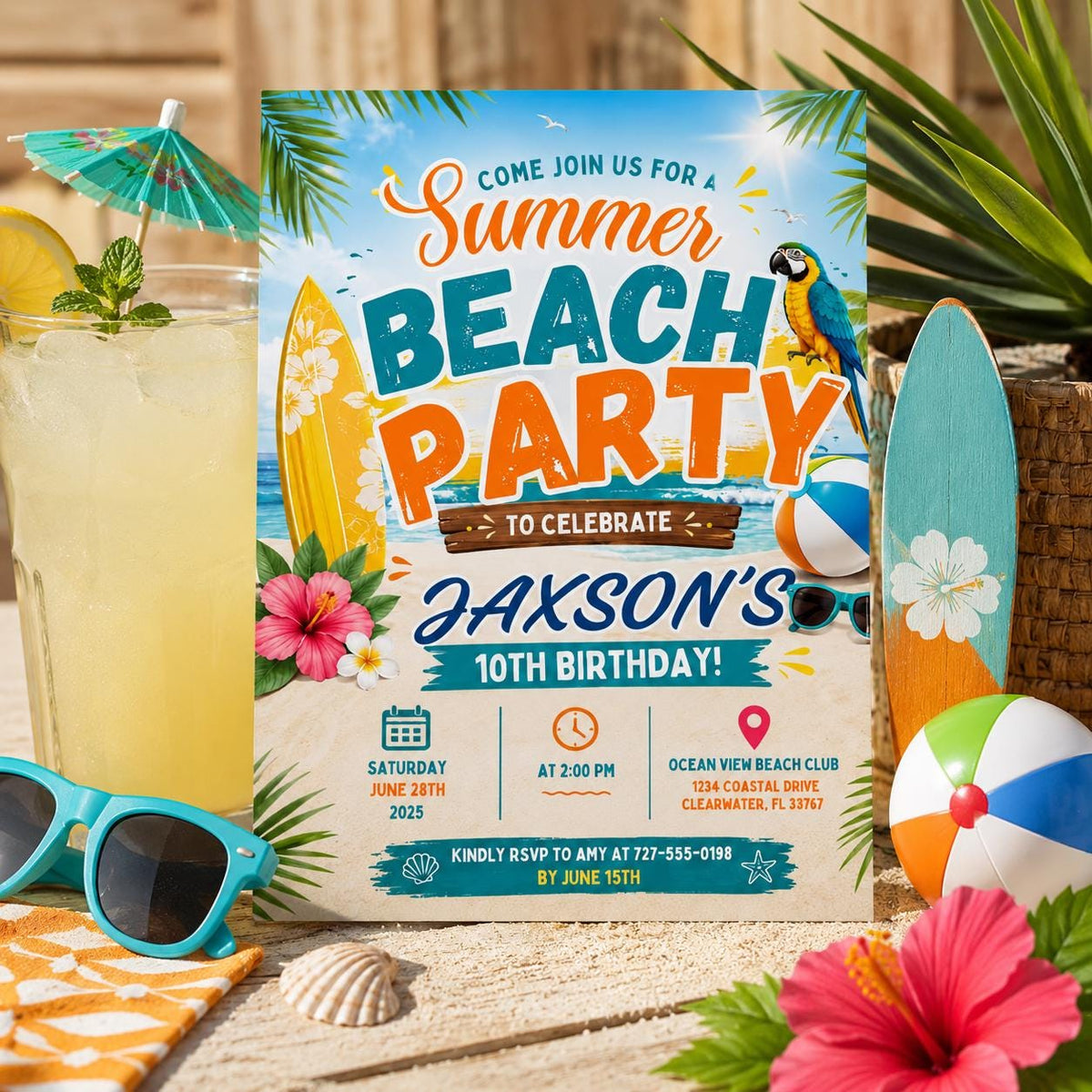 Editable Coastal Birthday Invitation Canva Template, Blue Girls Teens Beach Cute Fun DIY Chic Kids Party Invite, Printable Digital Download.