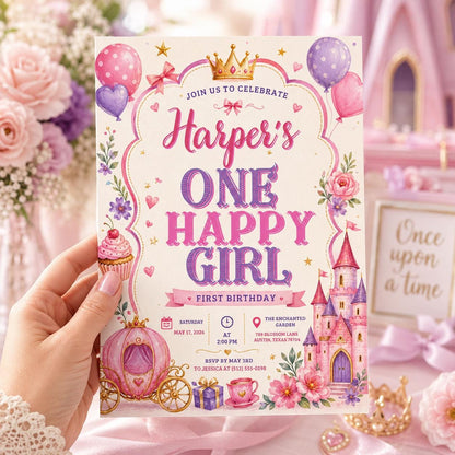 Editable Princess Birthday Invitation Canva Template, Pink Girls Kids Cute Fun DIY Sweet Chic Teen Party Invite, Printable Digital Download.