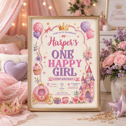 Editable Princess Birthday Invitation Canva Template, Pink Girls Kids Cute Fun DIY Sweet Chic Teen Party Invite, Printable Digital Download.